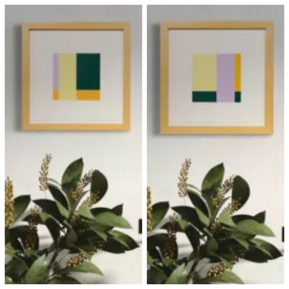 Pair Original Paintings Signed Artist Framed 11x11” Modern Abstract Green Purple